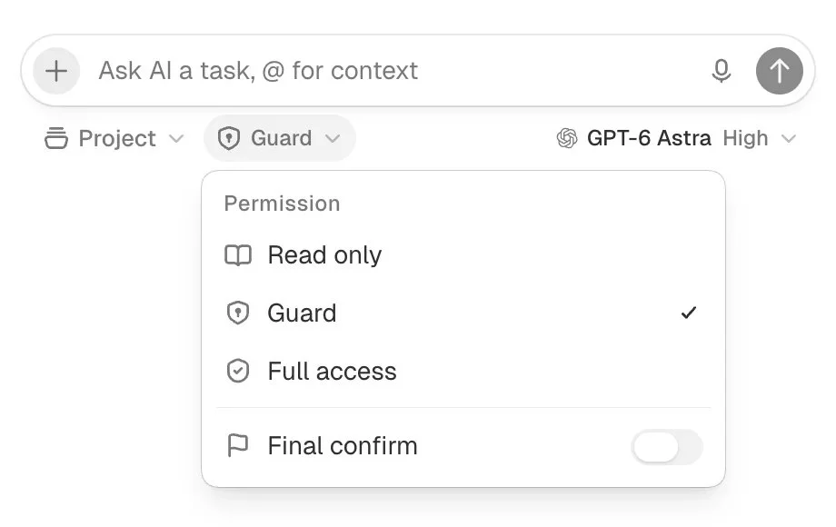 입력창 아래 권한 메뉴 — Read only, Guard, Full access, Final confirm