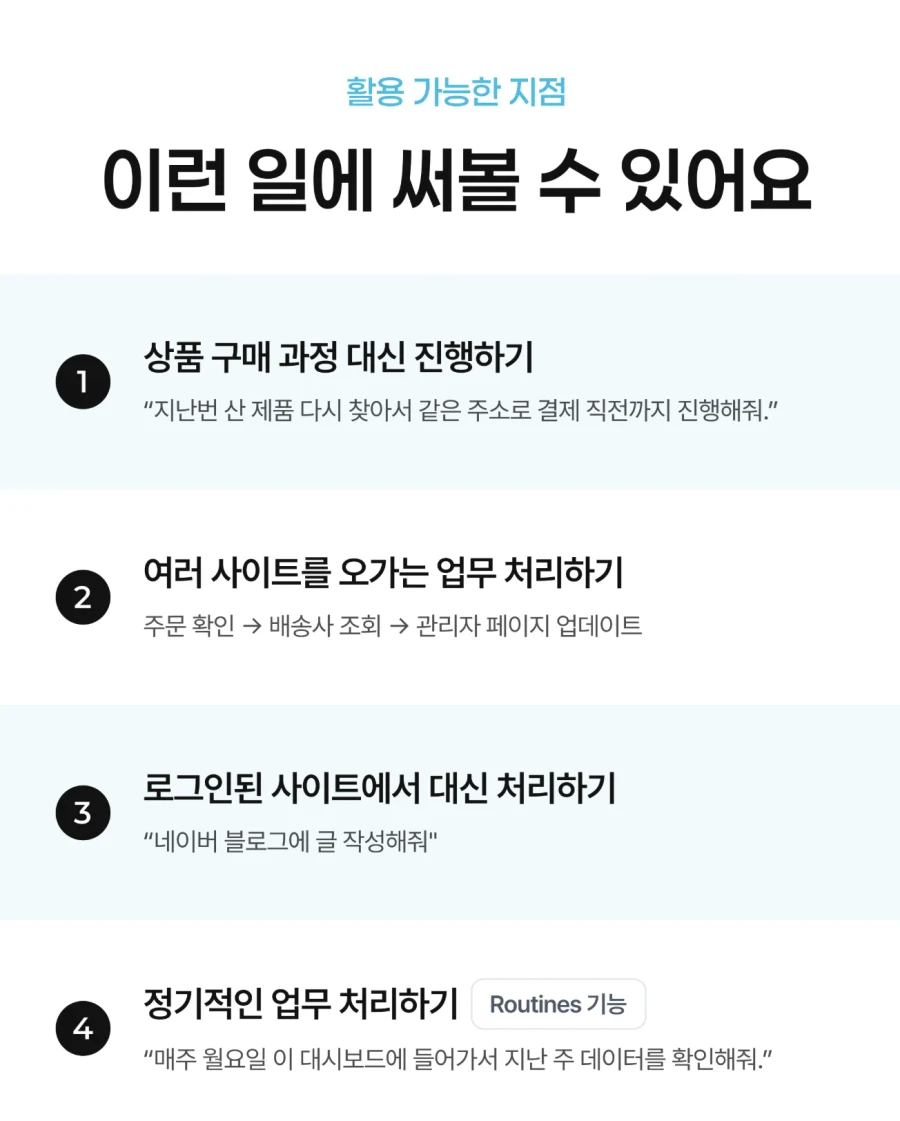 Aside 활용 예시 4가지 — 구매 과정 대신 진행, 여러 사이트 오가는 업무, 로그인된 사이트에서 대신 처리, Routines로 정기 업무