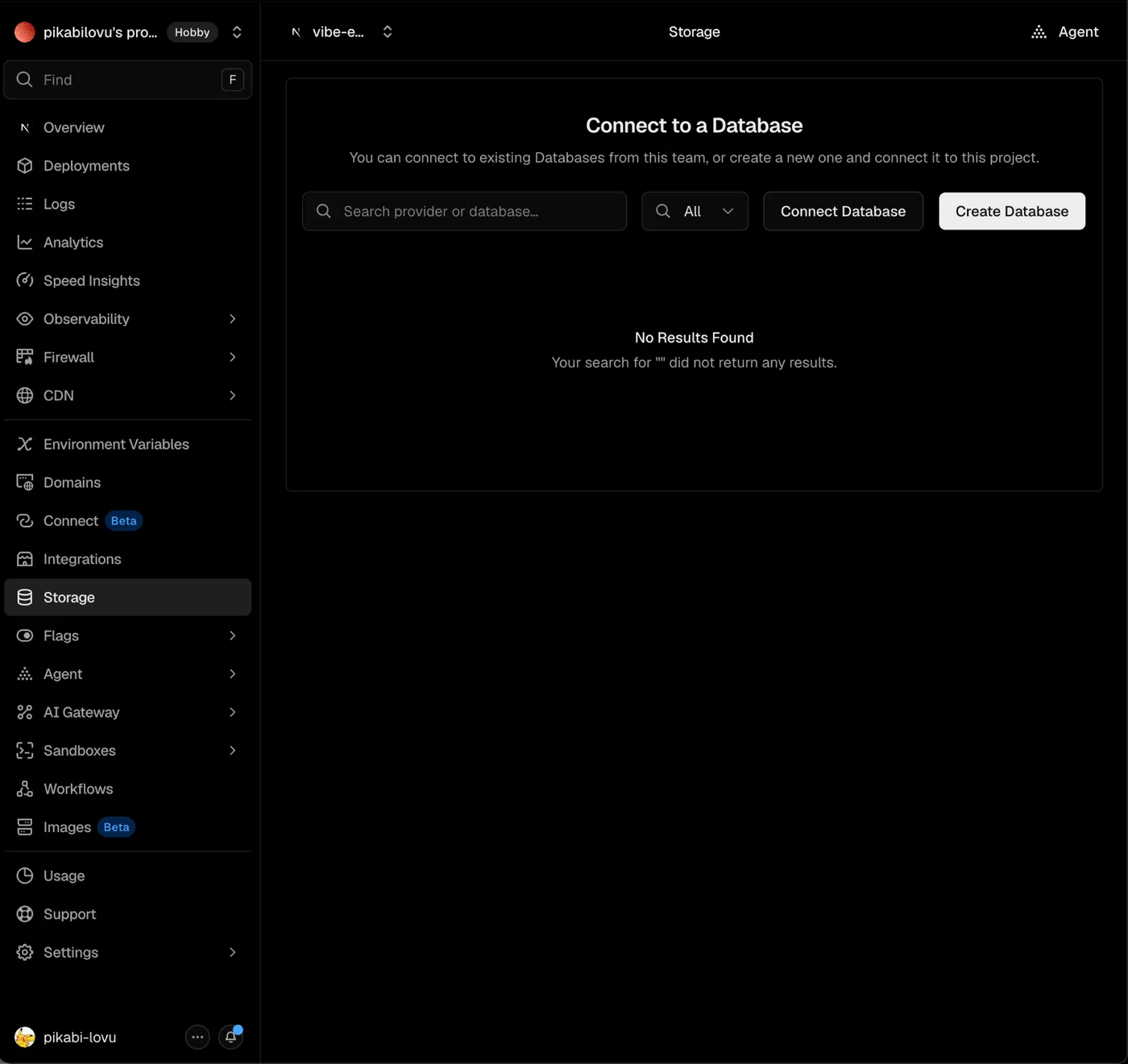 Vercel Storage 탭의 'Connect to a Database' 화면 — Create Database / Connect Database 버튼