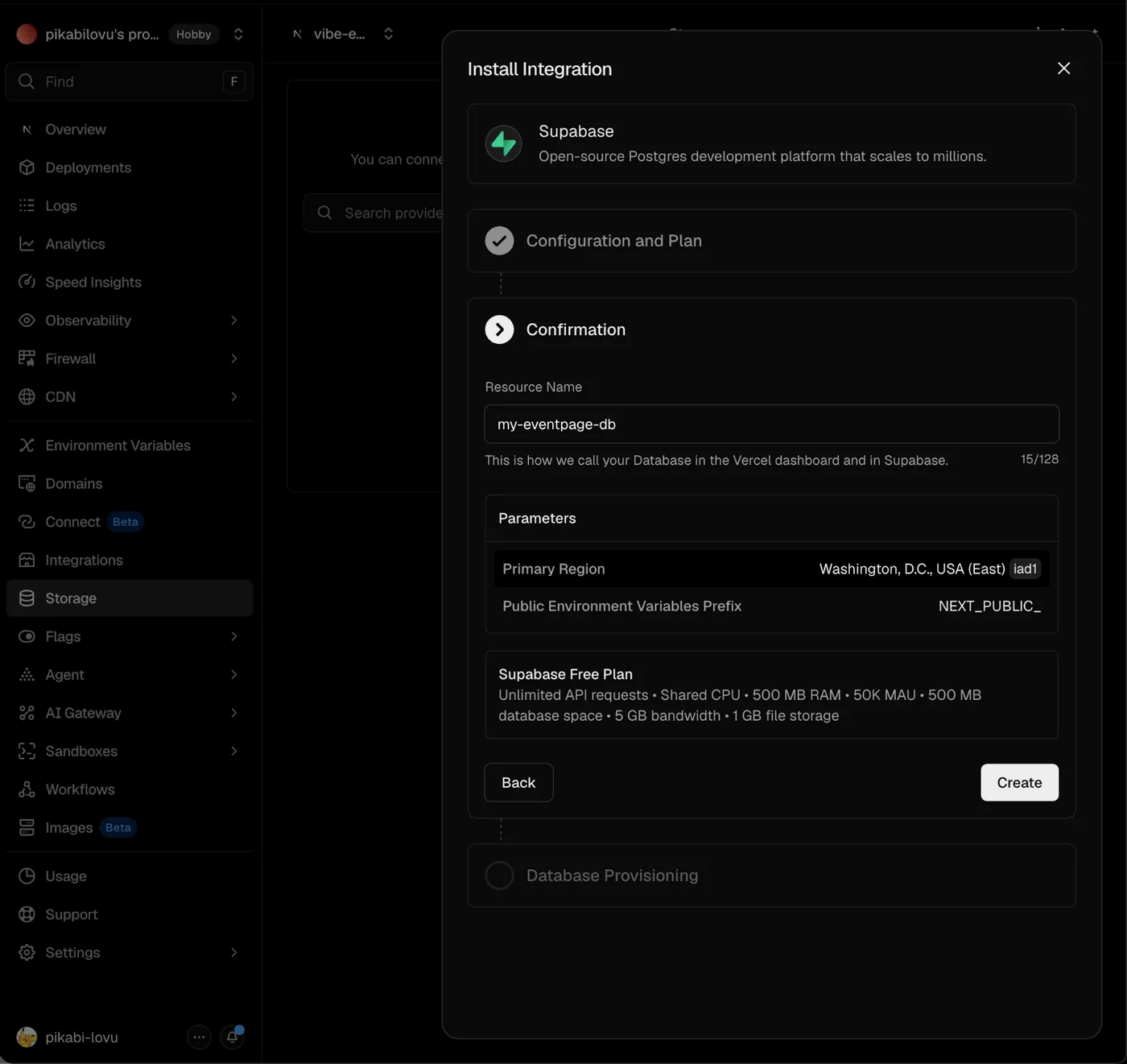Install Integration 확인 단계 — Resource Name 'my-eventpage-db', Supabase Free Plan(500MB DB·5GB 대역폭·1GB 파일 등), Create 버튼