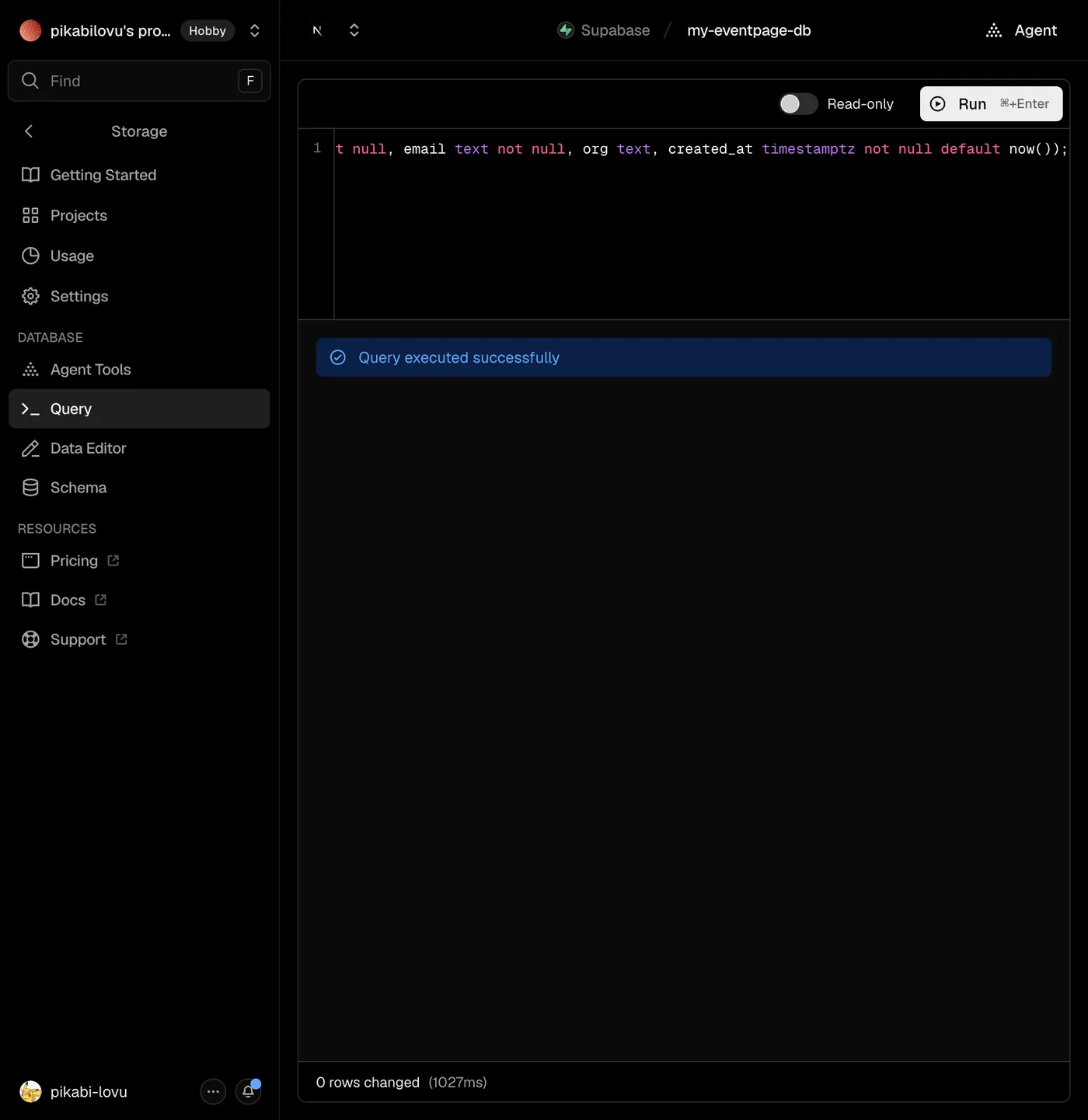 SQL 에디터에서 applications 테이블 생성 성공 (Query executed successfully)