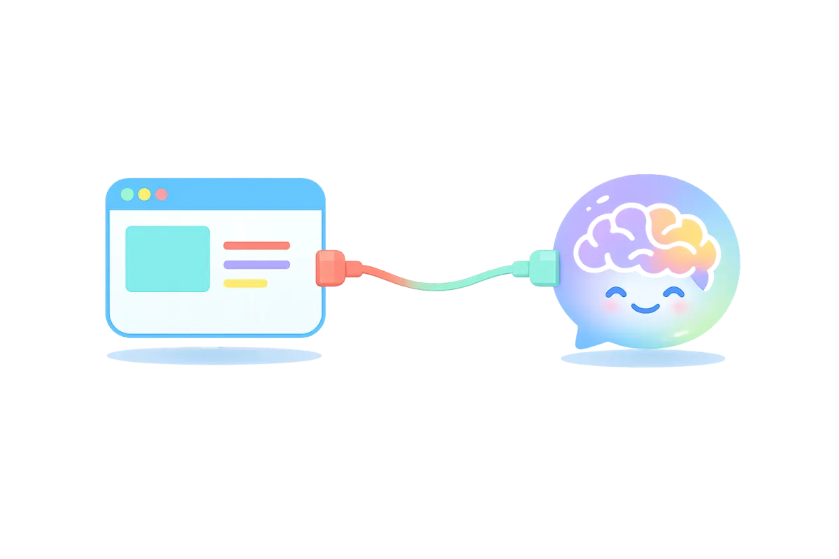 웹앱과 AI 브레인이 케이블로 연결된 일러스트