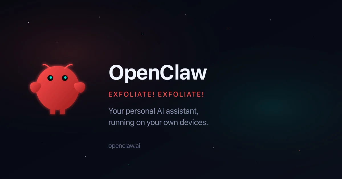 OpenClaw 공식 사이트 대표 이미지 — 빨간 바닷가재 캐릭터와 ‘Your personal AI assistant, running on your own devices’ 문구
